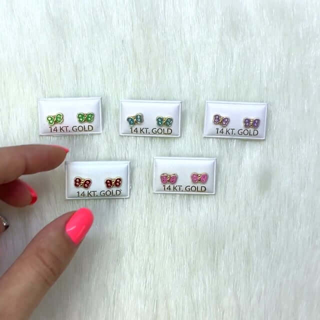Kids 14K Yellow Gold CZ Color Enamel Butterfly Stud Earrings