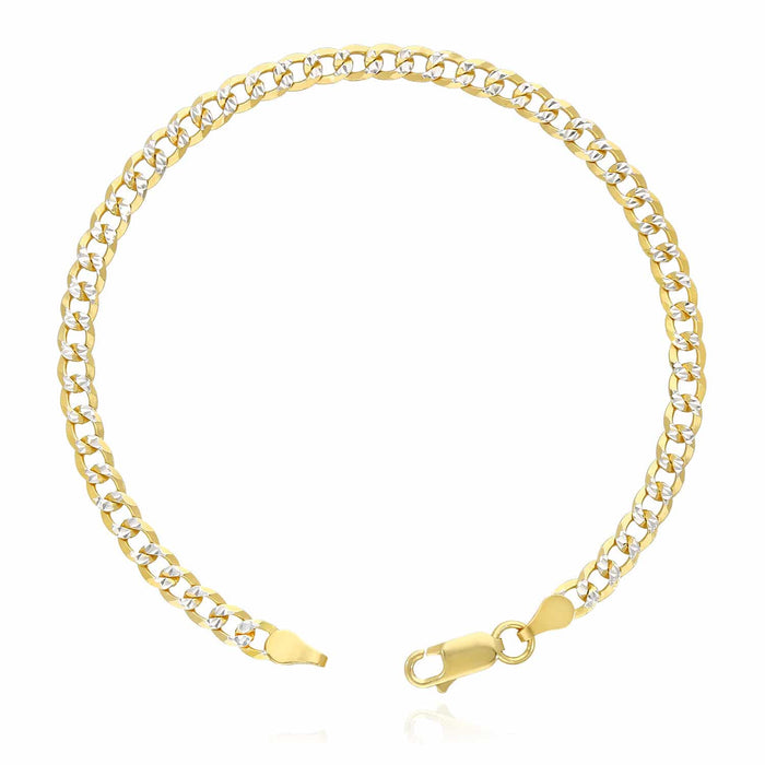 18K Gold Over Silver 4mm Diamond-Cut Pave Cuban Curb Bracelet (Solid Links) 8"-9"