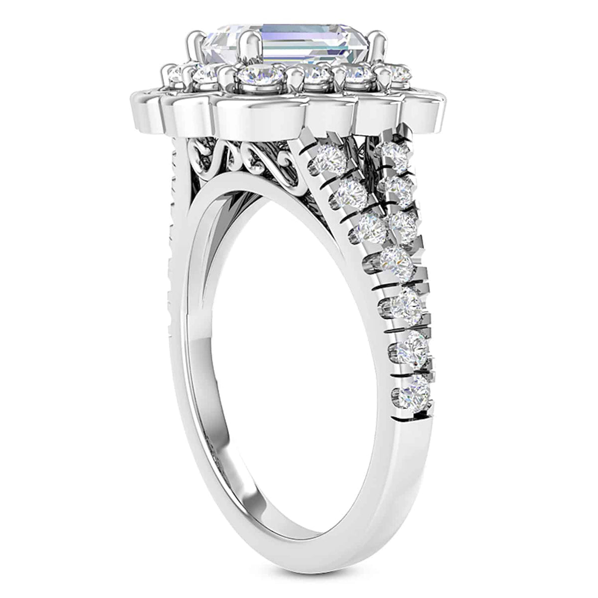 1.65CTW Natural Diamond Emerald Moissanite Split 18K Gold White Engagement Ring