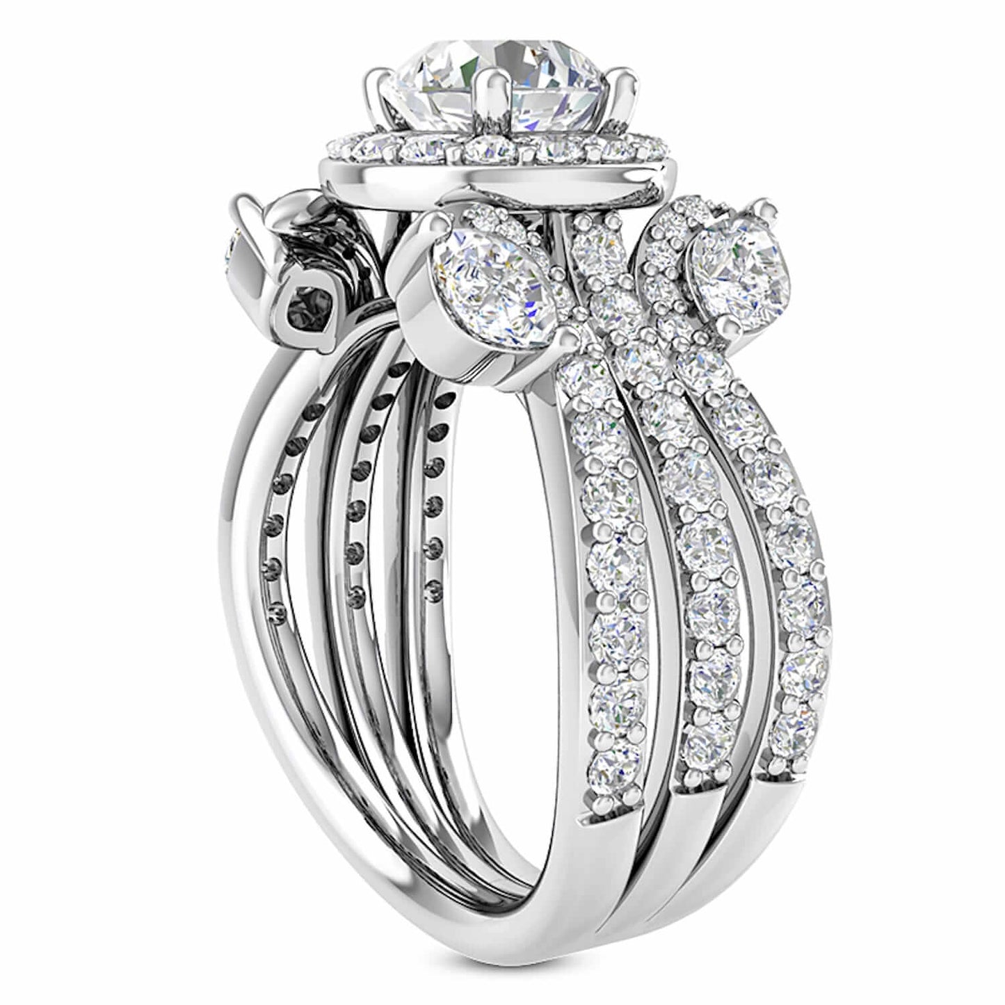 2.50CTW Real Diamond Moissanite Halo Tri-Shank 18K Gold White Engagement Ring