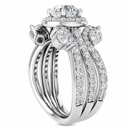 2.50CTW Real Diamond Moissanite Halo Tri-Shank 18K Gold White Engagement Ring