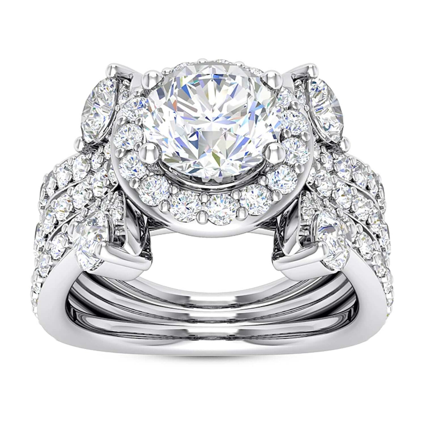 2.50CTW Real Diamond Moissanite Halo Tri-Shank 18K Gold White Engagement Ring