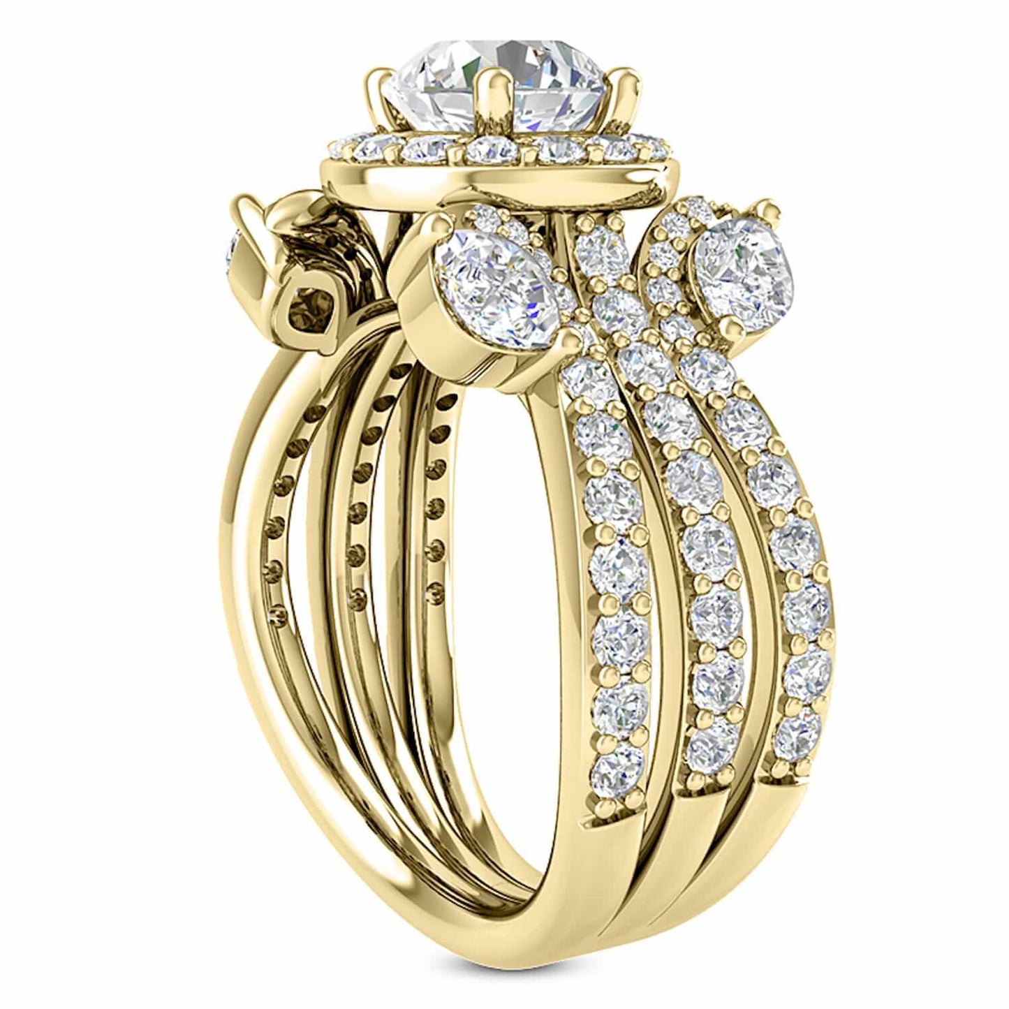 2.50CTW Real Diamond Moissanite Halo Triple Shank 18K Gold Engagement Ring