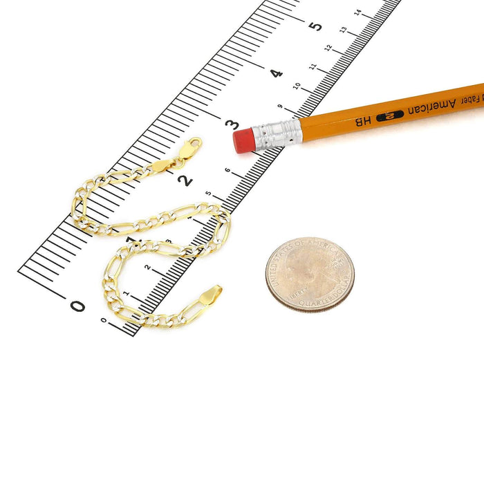 18K Gold Over Silver 4mm Diamond-Cut Pave Figaro Bracelet (Solid Links) 7"-9"