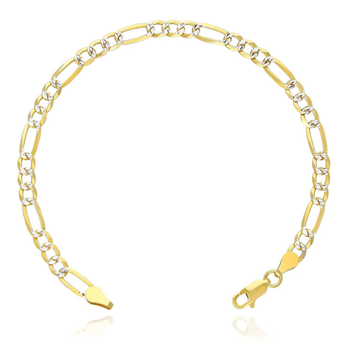 18K Gold Over Silver 4mm Diamond-Cut Pave Figaro Bracelet (Solid Links) 7"-9"