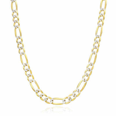 18K Gold Over Silver 7mm Diamond-Cut Figaro Chain (Solid Links) 20"-26"