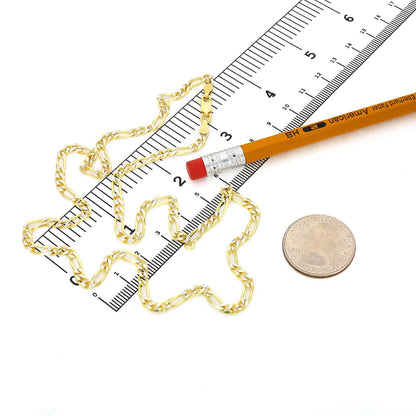 Solid 18K Gold Over Silver 3.5mm Diamond-Cut Pave Figaro Chain Necklace 16"-30"