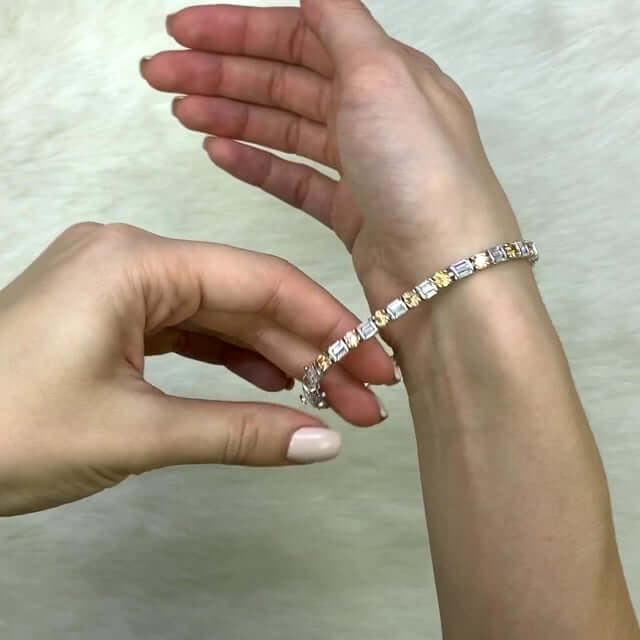 10.25CTW CZ Cognac & White Baguette Round Sterling Silver Tennis Bracelet 7.5"