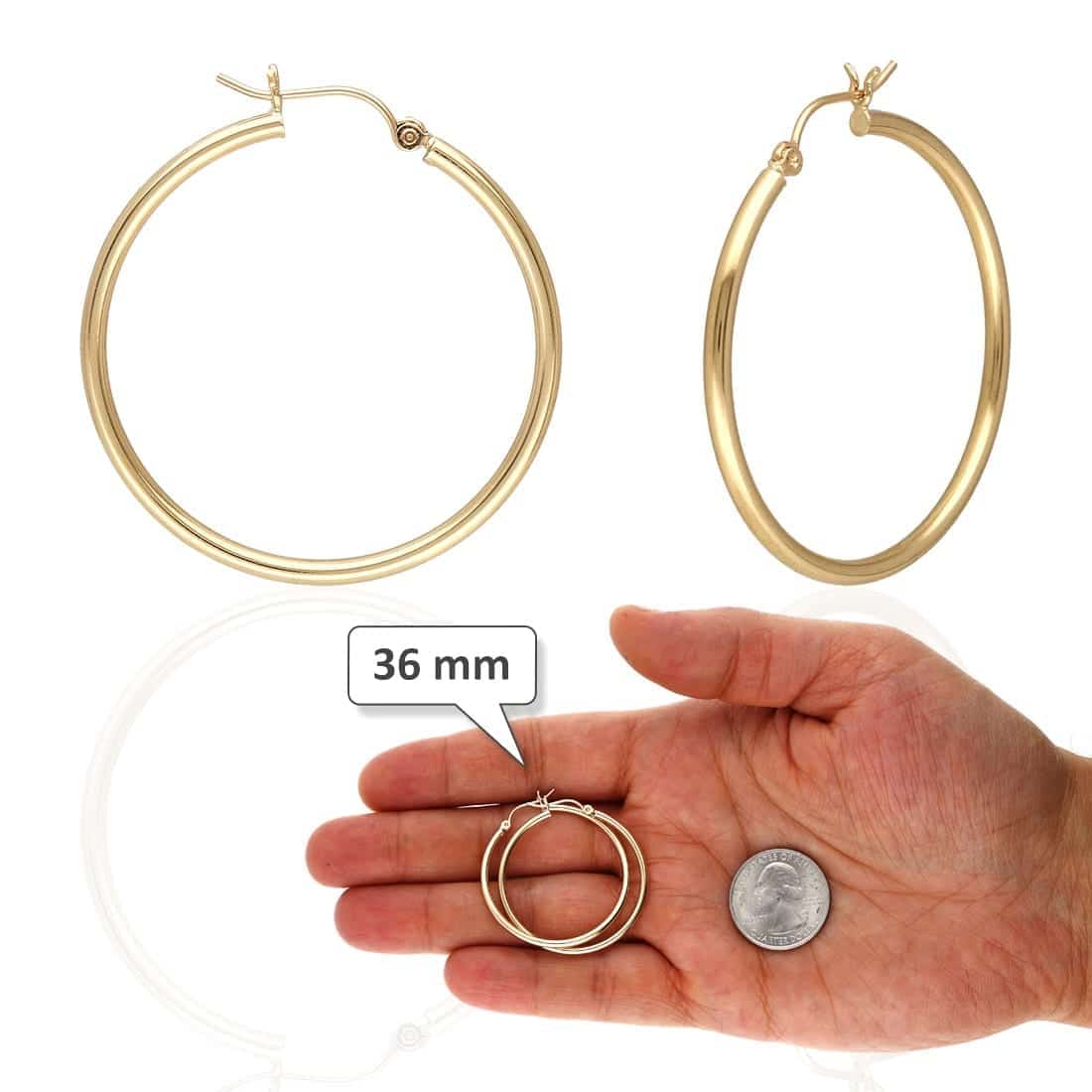 14K Yellow White Gold 2mm Round Hoop Earrings 22mm-76mm