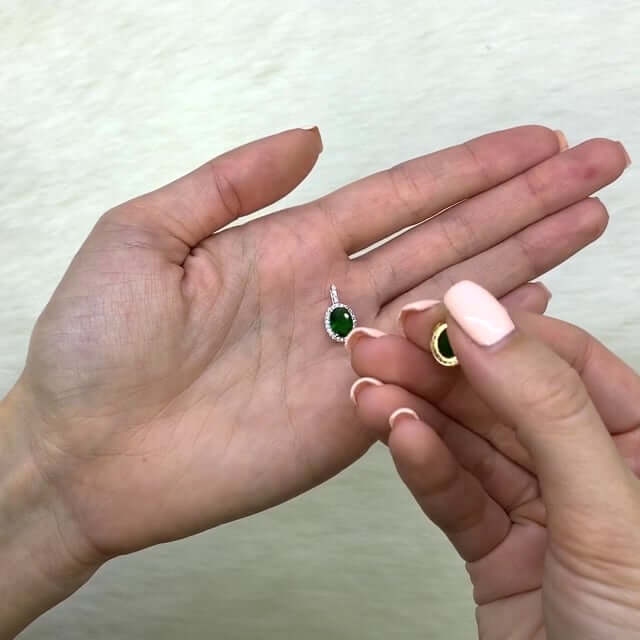 14K Gold 1.25CTW Simulated Emerald And Diamond Halo Oval Pendant