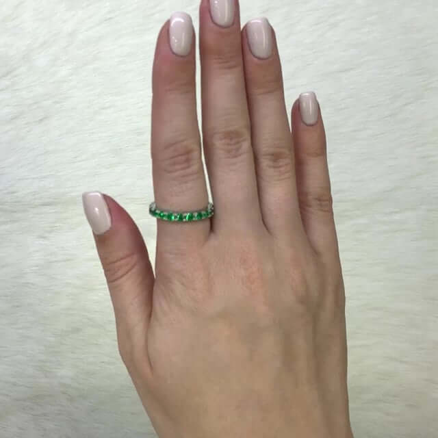 14K Gold White 1.5CTW Simulated Green Emerald Full Eternity 3mm Band Ring