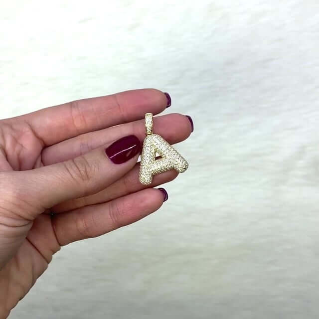 14K Gold CZ Bubble Letter Initial 1.2" Pendant A-Z