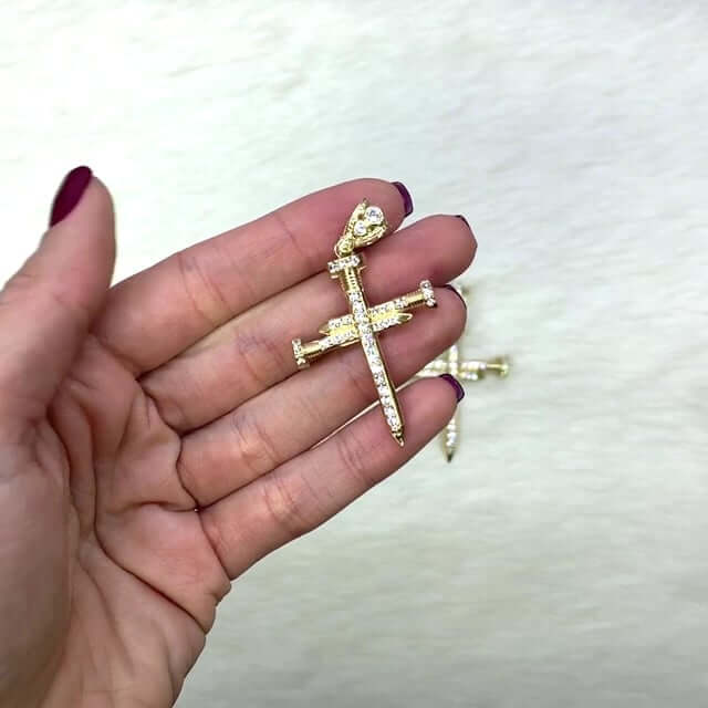 Solid 14K Yellow Gold CZ Nail Cross Pendant 1.9"-2.8"