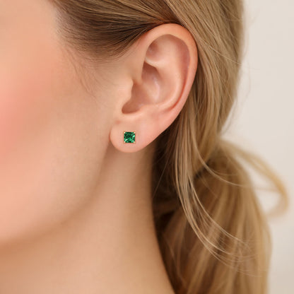 14K Yellow Gold 2Ct Princess May Simulated Emerald Birthstone Stud Earrings