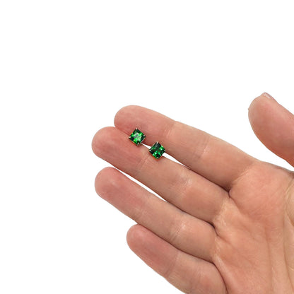 14K Yellow Gold 2Ct Princess May Simulated Emerald Birthstone Stud Earrings