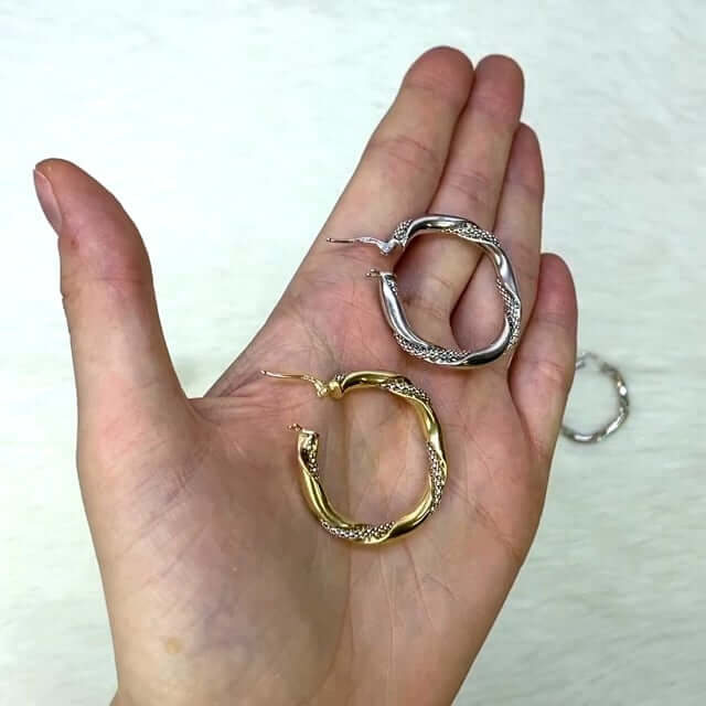 Yellow White Gold Over Sterling Silver Twisted Popcorn Shiny Hoop Earrings 33mm
