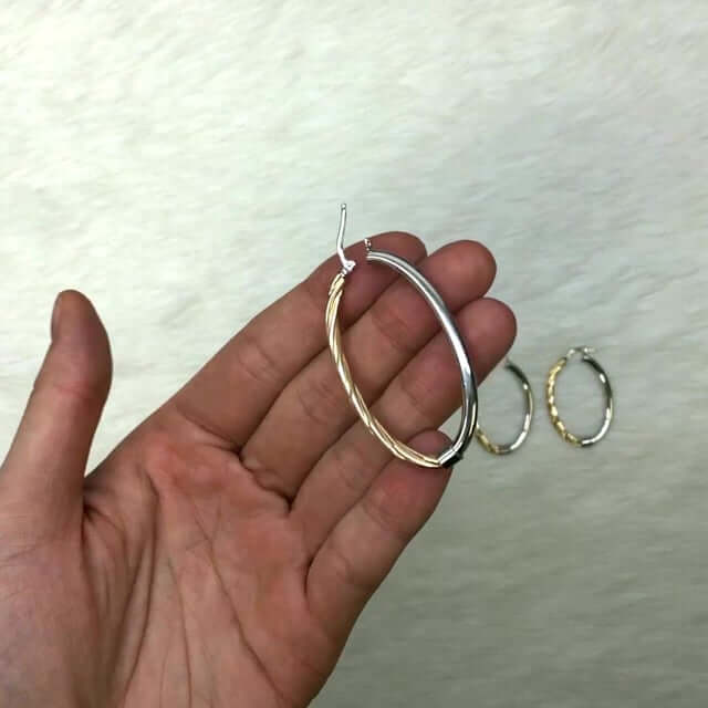 Yellow White Gold Over 925 Silver Shiny Half Twisted Oval Hoop Earrings