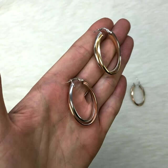 Yellow Rose White Gold Two-Tone Over 925 Silver Shiny Double Oval Hoop Earrings