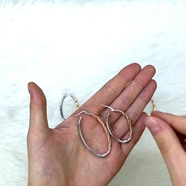 White Rose Gold Tone Over 925 Silver Half Shiny Half Twisted Oval Hoop Earrings