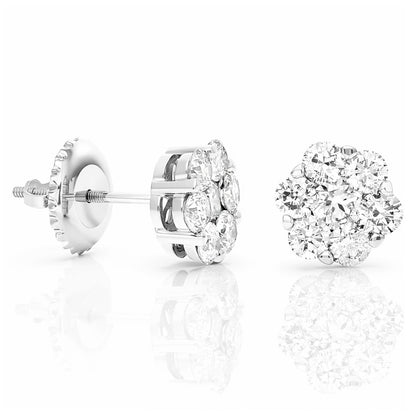 1Ct Natural Diamond Flower Cluster Stud 14K Yellow White Rose Gold Earrings 7mm