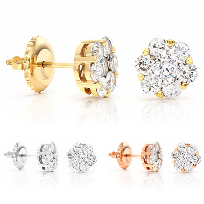 1Ct Natural Diamond Flower Cluster Stud 14K Yellow White Rose Gold Earrings 7mm