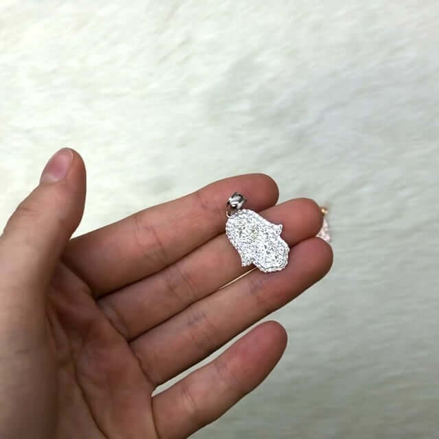 14K White Gold Rose 4CTW CZ Hamsa Evil Eye Pendant 1.1”