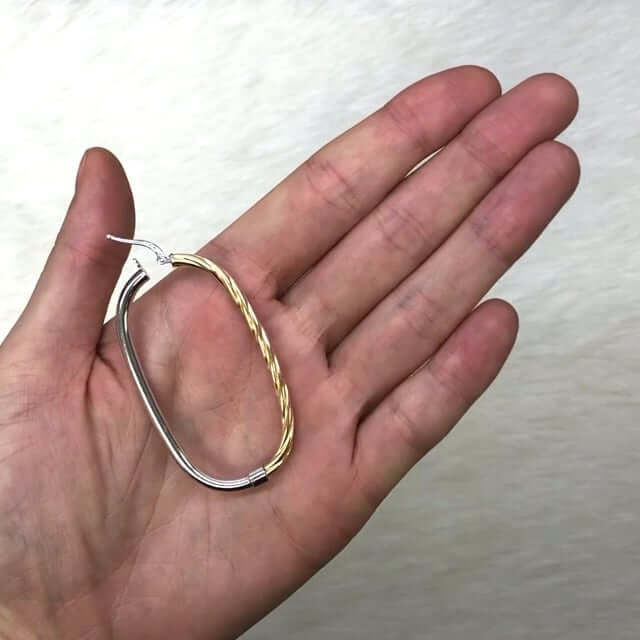 Yellow White Gold Over 925 Silver Shiny Half Twisted Flat Oval Hoop Earrings