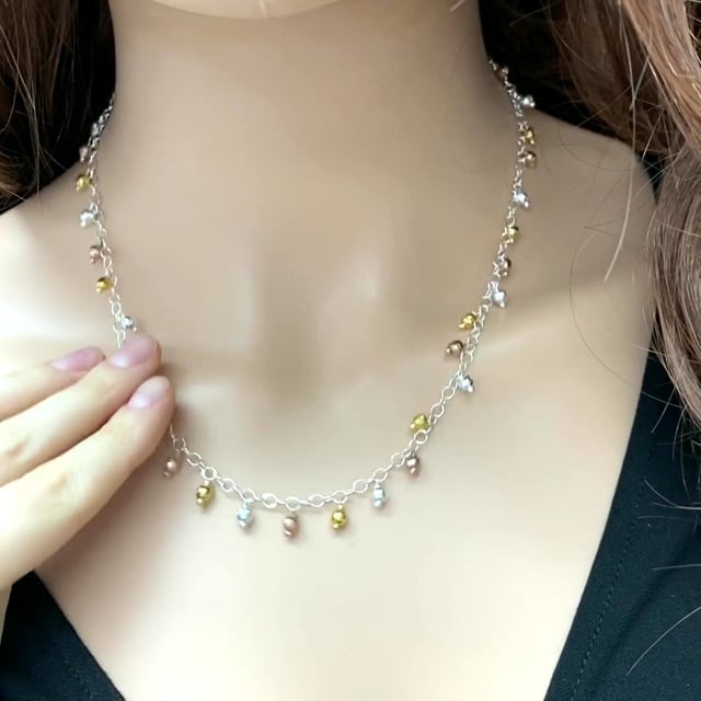 925 Silver Yellow Rose White Gold Tone Diamond Cut Dangle Beds Necklace 18"