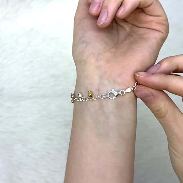 Sterling Silver Yellow Rose White Gold Over Diamond-Cut Dangle Beads Bracelet (Solid Links) 7.5"