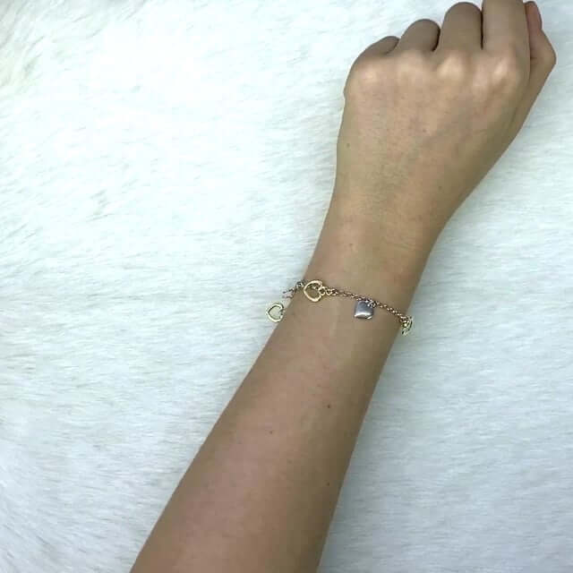 Yellow White Gold Over Sterling Silver Heart Charm Bracelet (Solid Links) 7.5"-8.5" Adjustable