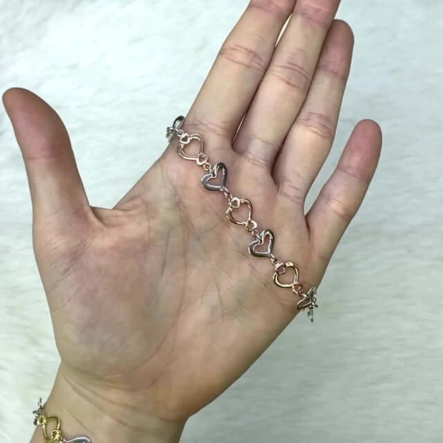 Yellow Rose Gold Over Sterling Silver Open Heart Bracelet (Solid Links) 7"-8" Adjustable