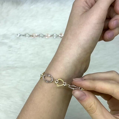 Yellow Rose Gold Two-Tone Over 925 Silver Heart And Oval  Bracelet 7.25"