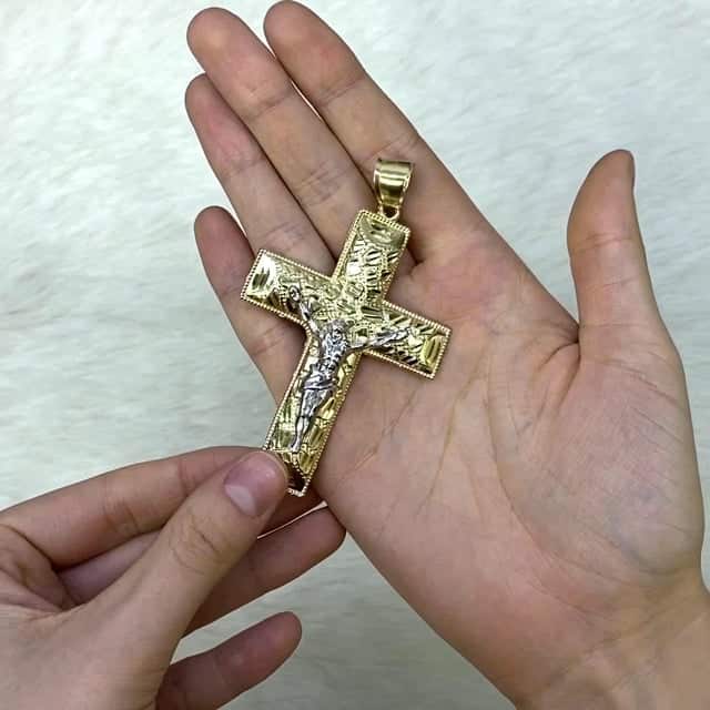 10K Yellow White Two Tone Gold Religious Jesus Crucifix Nugget Cross Pendant
