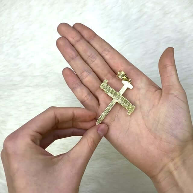 10K Yellow Gold White Two-Tone Diamond-Cut Nail Cross Pendant 2.6"