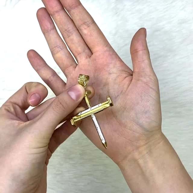 10K Yellow White Gold Two-Tone Diamond-Cut Spike Cross Pendant 67.4"