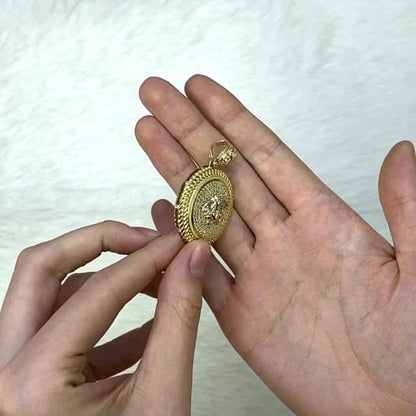 10K Yellow Gold CZ Medusa Miami Bezel Medallion Pendant 1.73"