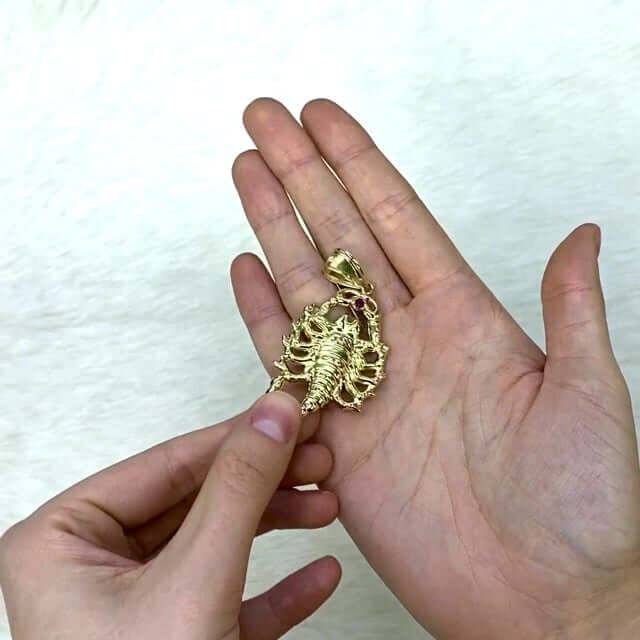 10K Yellow Gold Ruby Diamond-Cut Scorpion Zodiac Pendant 2.4"