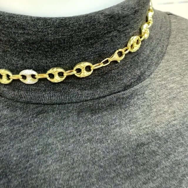 10K Yellow Gold CZ Puffed Mariner Anchor Nugget Chain (Hollow) 20"-24"