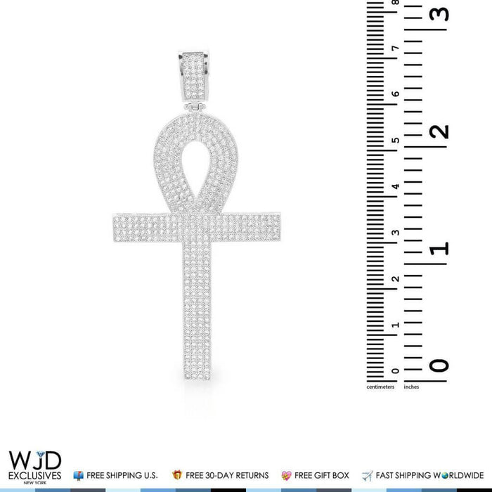 3Ct CZ Egyptian Ankh Cross Religious Pendant 14k White Gold