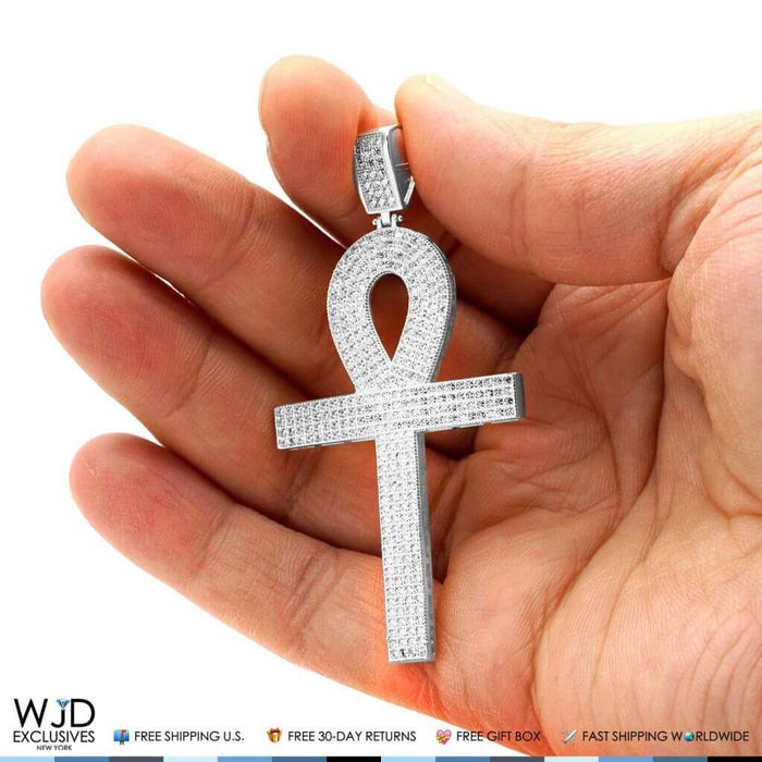 3Ct CZ Egyptian Ankh Cross Religious Pendant 14k White Gold