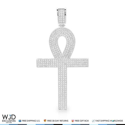 3Ct CZ Egyptian Ankh Cross Religious Pendant 14k White Gold