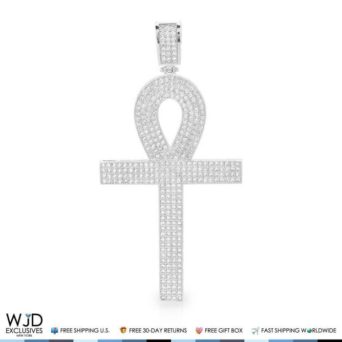 3Ct CZ Egyptian Ankh Cross Religious Pendant 14k White Gold