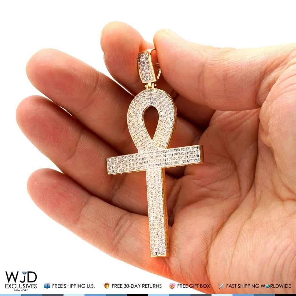 14k Yellow Gold 3Ct CZ Egyptian Ankh Religious Charm Pendant 2.8"