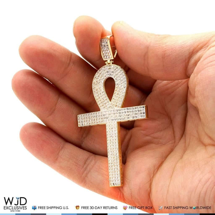 14k Yellow Gold 3Ct CZ Egyptian Ankh Religious Pendant 2.8"