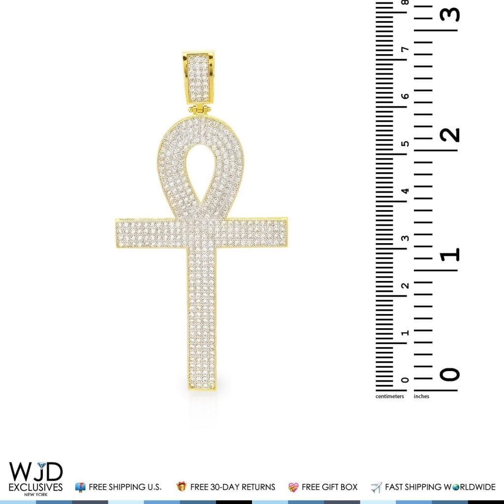 14k Yellow Gold 3Ct CZ Egyptian Ankh Religious Charm Pendant 2.8"