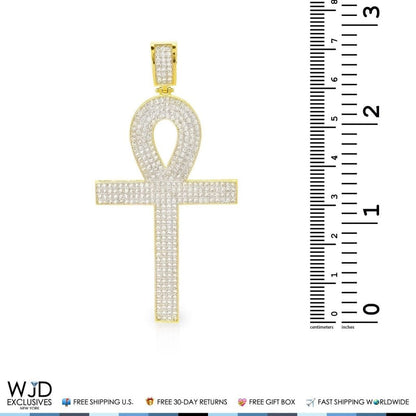 14k Yellow Gold 3Ct CZ Egyptian Ankh Religious Charm Pendant 2.8"