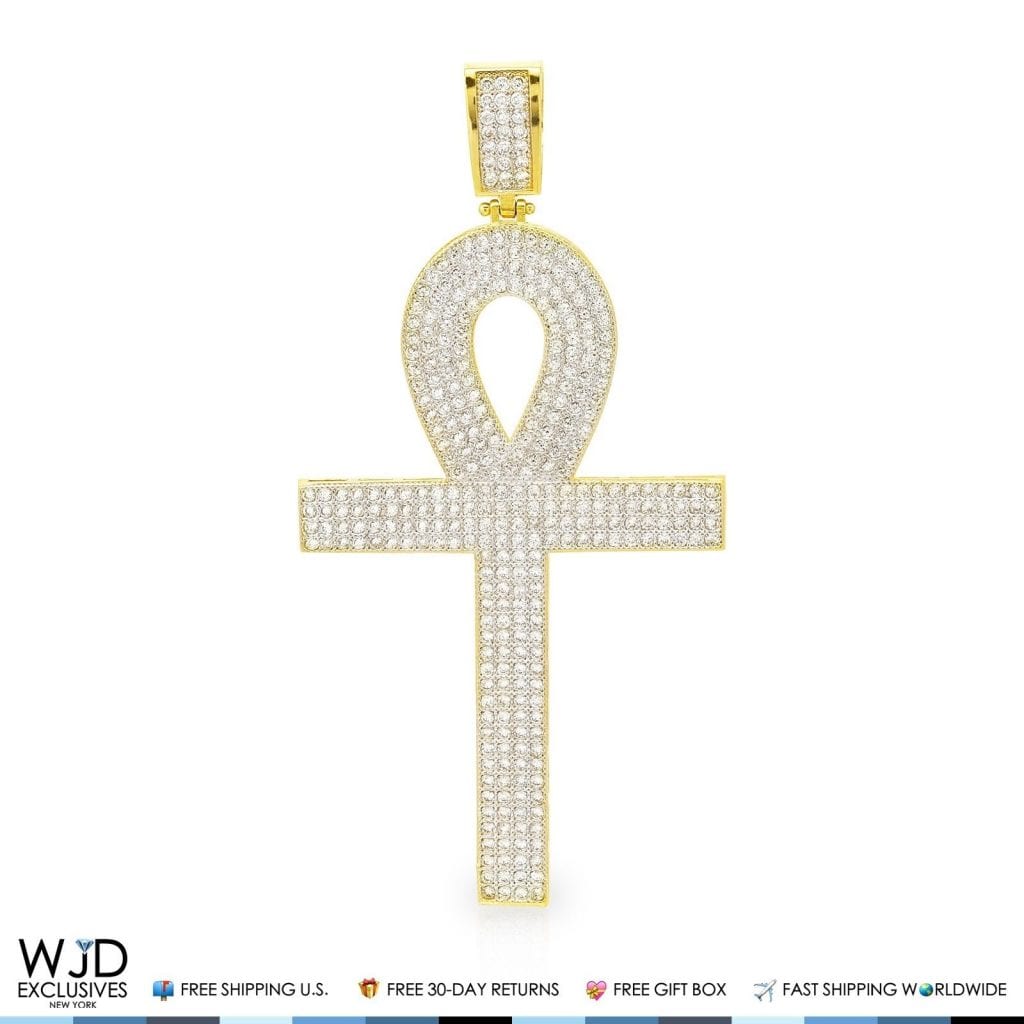 14k Yellow Gold 3Ct CZ Egyptian Ankh Religious Charm Pendant 2.8"