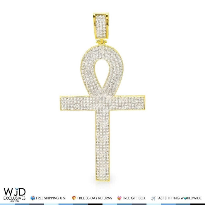 14k Yellow Gold 3Ct CZ Egyptian Ankh Religious Pendant 2.8"