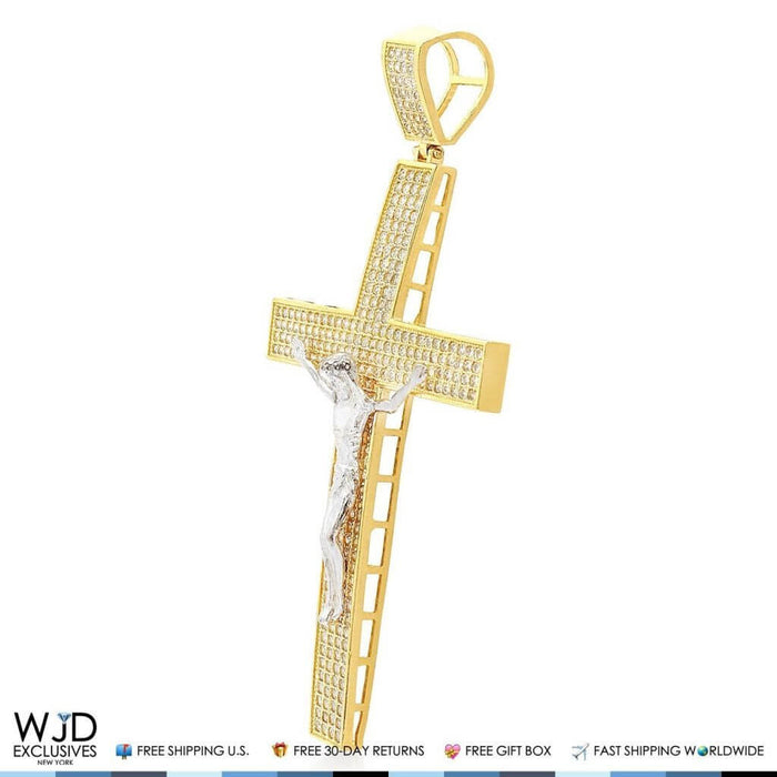 3Ct CZ 14k Yellow Gold Jesus Crucifix Cross Religious Pendant