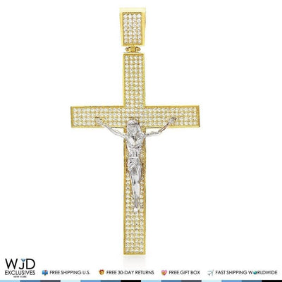 3Ct CZ 14k Yellow Gold Jesus Crucifix Cross Religious Pendant